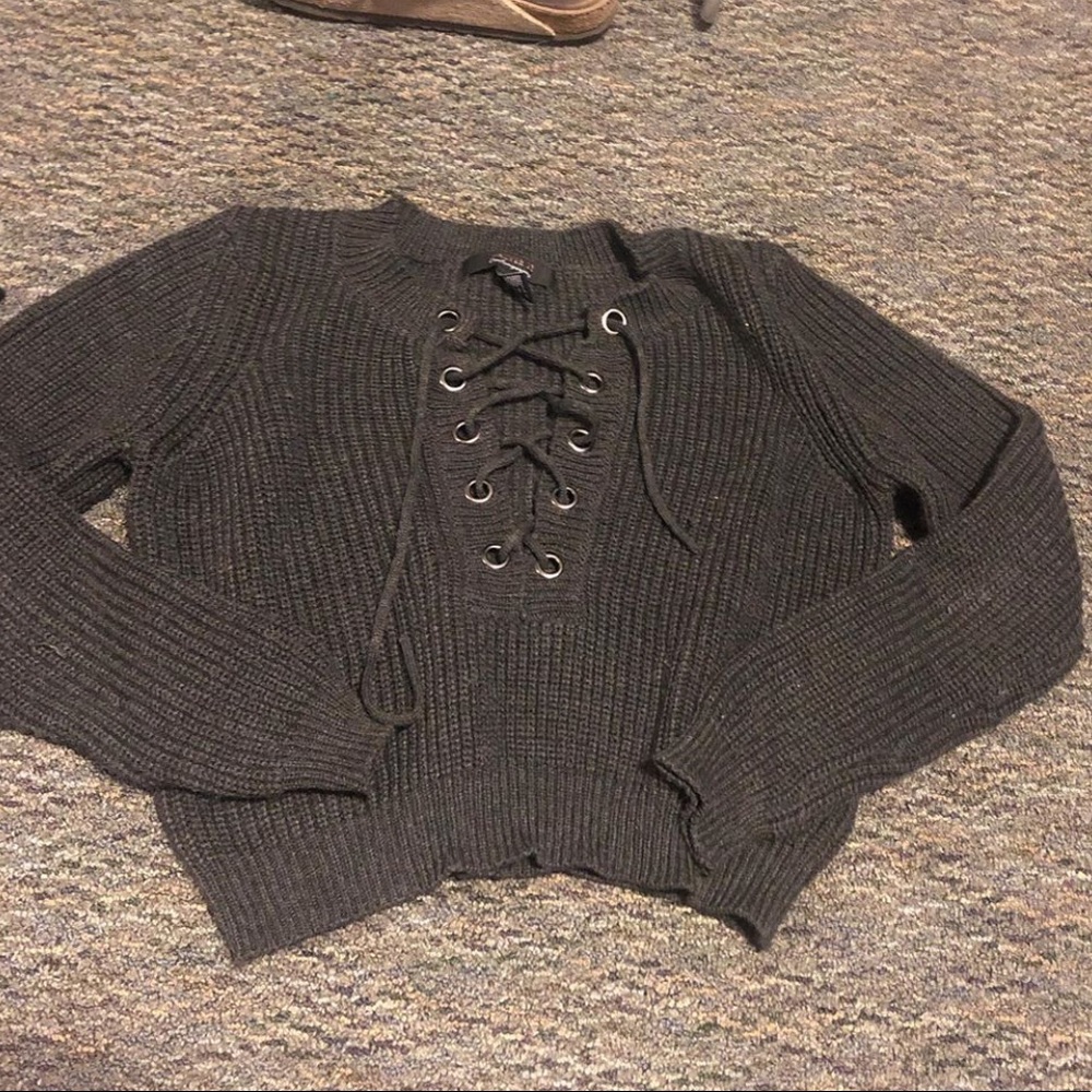 Cropped Lace Up Sweater